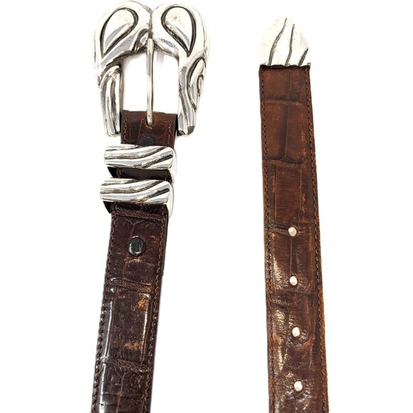 Vintage 90s Hartnell Belt Brown Alligator Grain Calfskin Leather Silver Buckle - Picture 2 of 13